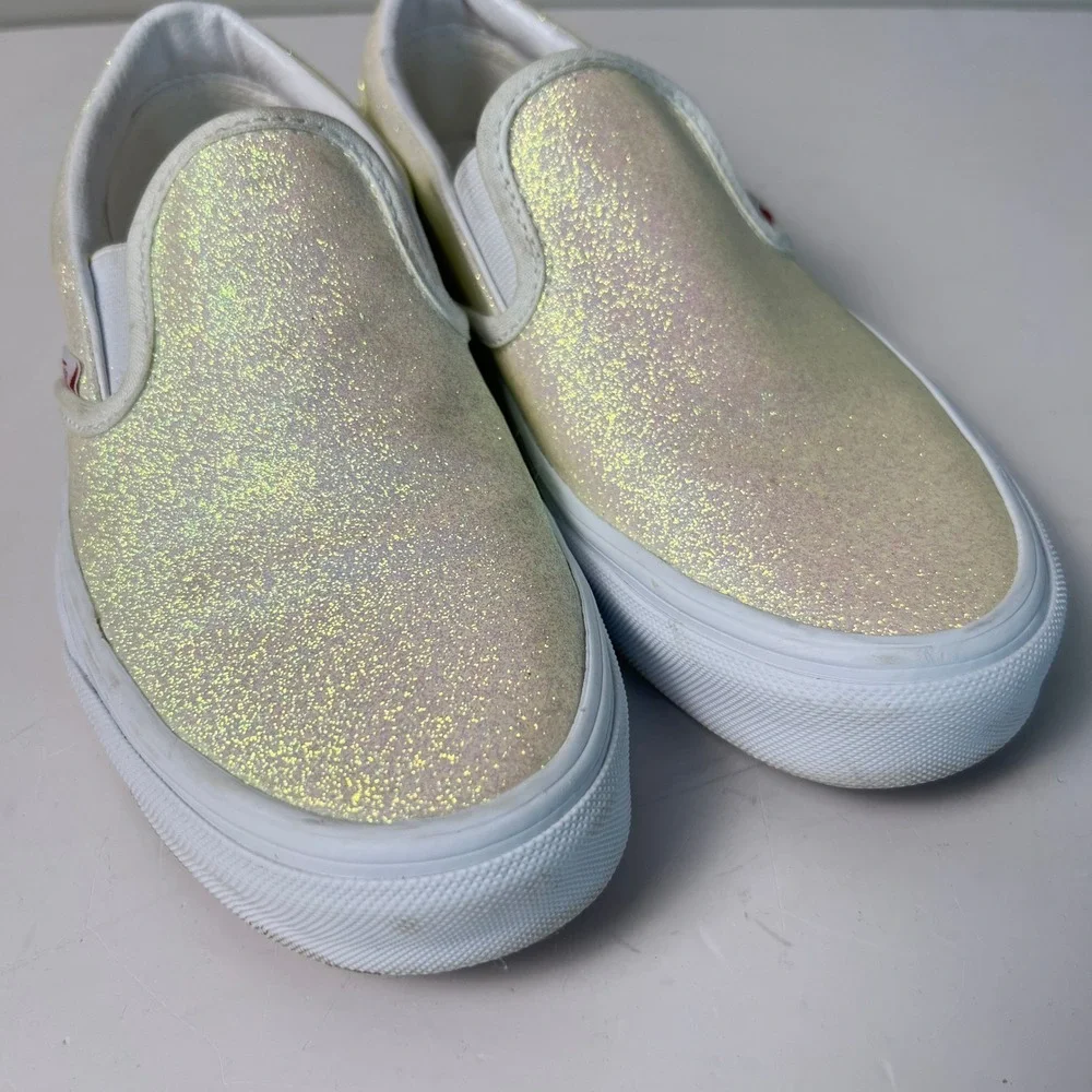Vans Slip On Shoes Womens 8.5 Beige Shiny Glitter Sparkle Sneakers